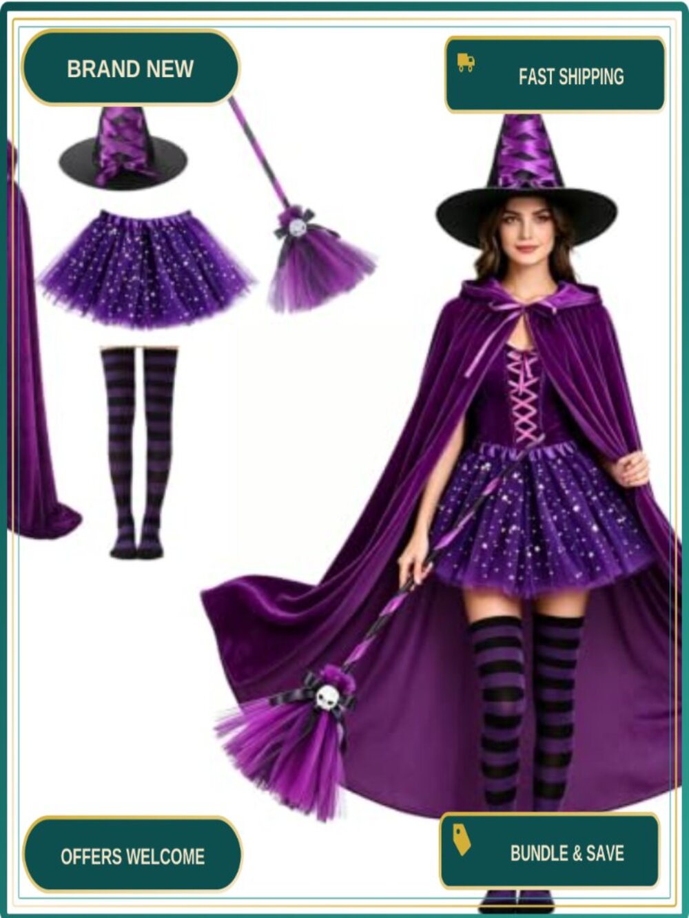Witch Costume 5-In-1 Set Velvet Cape Tulle Tutu Cosplay